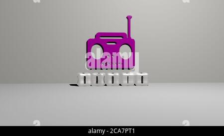 Représentation 3D de la radio avec icône sur le mur et texte disposé par des lettres métalliques cubes sur un sol miroir pour la signification du concept et la présentation du diaporama. Illustration et arrière-plan Banque D'Images