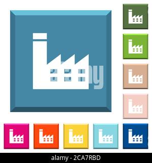 Icônes blanches du bâtiment d'usine sur des boutons carrés bordés dans diverses couleurs tendance Illustration de Vecteur