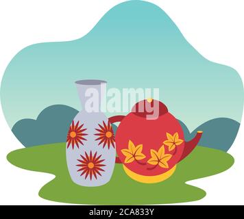 pot en céramique et théière avec fleurs automne ustensiles vecteur illustration design Illustration de Vecteur