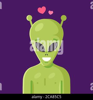 Adorable vert en souriant. Humanoid en amour. illustration de personnage vectoriel plat. Illustration de Vecteur