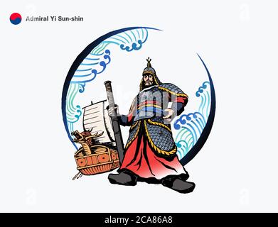 Amiral Yi Sun-shin et Turtle Ship, héros historique coréen peint avec des pinceaux. Illustration de Vecteur