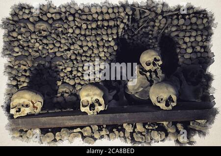 Dessin aquarelle d'os et de crânes humains. Rangée de crânes. Collection Skulls. Symbole de la mort, de la peur et du mal. Église de Kostnice à Kutna Hora. Banque D'Images