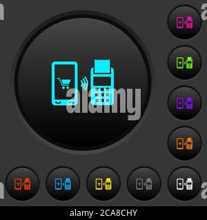 Boutons-poussoirs sombres de paiement mobile avec icônes de couleur vive sur fond gris foncé Illustration de Vecteur