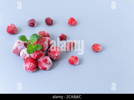 Fraises surgelées avec branches de baume de citron sur fond gris. Copier l'espace. Gros plan. Mise au point sélective. Banque D'Images