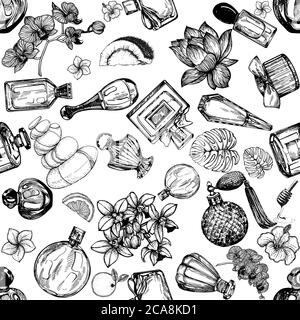 Motif sans couture de flacons de parfum et de plantes dessinés à la main, isolés sur fond blanc. Illustration vectorielle. Illustration de Vecteur