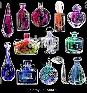 Ensemble de flacons colorés de parfum dessinés à la main, isolés sur fond noir. Illustration vectorielle. Illustration de Vecteur