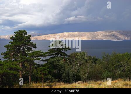 Région de Senj et Lika, Croatie, paysage de l'île de Krk depuis la côte dalmate . Banque D'Images