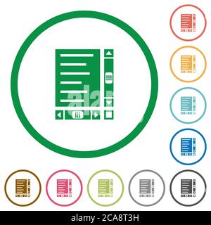 Document avec contenu et barres de défilement icônes de couleur plate dans des contours ronds sur fond blanc Illustration de Vecteur