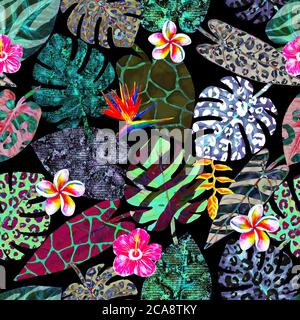 Aquarelle surréaliste résumé motif sans couture avec des plantes exotiques tropicales lumineuses. Aquarelle feuilles et fleurs dessinées à la main avec imprimé animal de giraf Banque D'Images