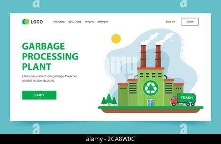 Page d'accueil pour le recyclage. Plante verte avec cheminées et fumée. illustration de la toile plate Illustration de Vecteur