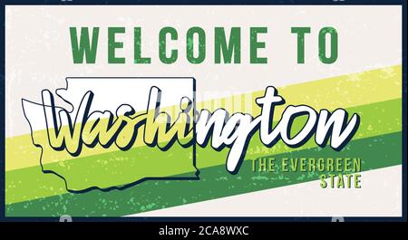 Bienvenue à Washington vintage signe de métal rouillé illustration vecteur. Carte d'état vectoriel en style grunge avec caractères typographiques dessinés à la main. Illustration de Vecteur
