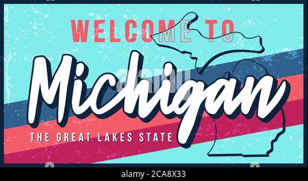 Bienvenue dans l'illustration vectorielle de panneau métallique rouillé d'époque du Michigan. Carte d'état vectoriel en style grunge avec caractères typographiques dessinés à la main. Vecteur illust Illustration de Vecteur