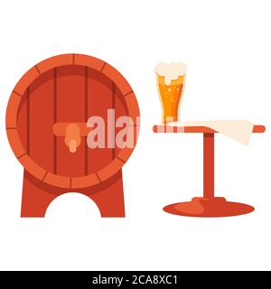 Fût en bois et verre de bière sur fond blanc isolé. Brasserie pour invitation ou carte-cadeau, carnet, logo du magasin de bière artisanale, album. Étui de téléphone ou Illustration de Vecteur