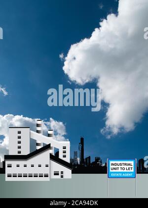 Ce bâtiment industriel moderne et vacant reflète la récession économique mondiale avec des gratte-ciel silhouettés et génériques dans un ciel bleu nuageux Banque D'Images