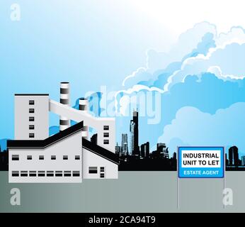 Ce bâtiment industriel moderne et vacant reflète la récession économique mondiale avec des gratte-ciel silhouettés et génériques dans un ciel bleu nuageux Banque D'Images