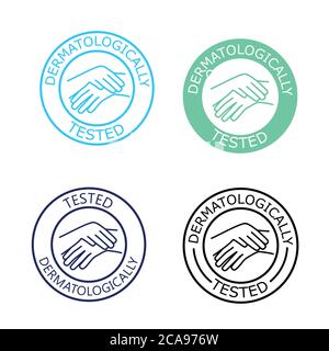 Étiquette vectorielle testée dermatologiquement avec logo de la main. Test de dermatologie et dermatologue cliniquement prouvé icône pour des produ sans allergie et sain sûr Illustration de Vecteur