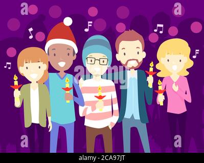 Illustration de l'homme et de la femme tenant des bougies et chantant des chants de Noël Banque D'Images