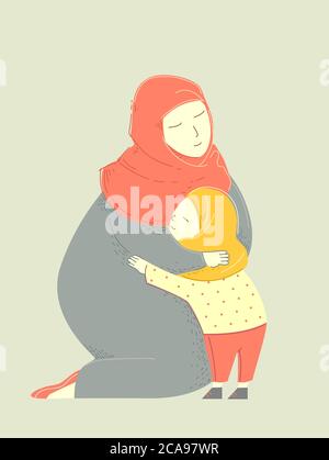 Illustration d'une fille musulmane qui embrasse sa mère en portant le hijab Banque D'Images