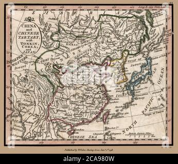 'La Chine et le tartare chinois, avec Tonkin, Corea et le Japon.' La carte montre les frontières politiques et les points de repère importants. Il s'agit d'une reproduction de carte historique très détaillée. Original d'un Atlas britannique publié par le célèbre cartographe William Faden a été créé vers 1798. Banque D'Images