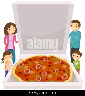 Illustration d'une famille Stickman ouvrant une grande boîte à pizza Banque D'Images