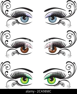 illustration vectorielle d'un ensemble d'yeux avec de longs cils, tourbillons. beauté, salon, maquillage. Illustration de Vecteur