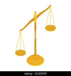 Balance en laiton doré isolée sur fond blanc. Signe de justice, avocat. Vue isométrique. Vecteur Illustration de Vecteur