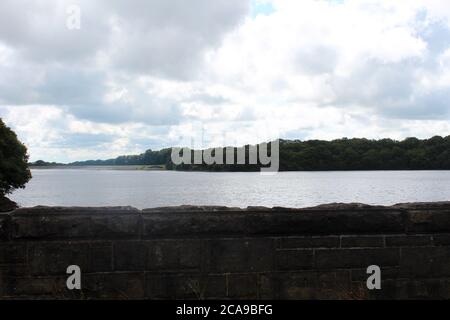 Vue sur le réservoir d'Anglezarke depuis Bridge, inc Trees, à Anglezarke, Chorley, Angleterre Banque D'Images