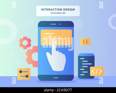 Illustration de la conception de l'interaction mettez le doigt sur l'écran du smartphone, en arrière-plan du codage de l'équipement, avec un style plat Illustration de Vecteur