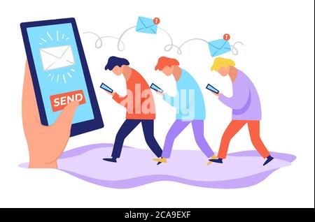 Envoi d'un bulletin d'information pour les clients et les abonnés, les personnes avec des téléphones Illustration de Vecteur