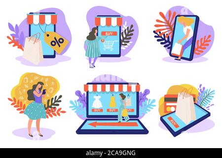 Achats en ligne via PC portables, smartphones et tablettes Vector Illustration de Vecteur