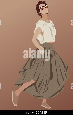 Brunette glamour à poil court, habillée de jupe longue marron, de chaussures, de lunettes de soleil et de t-shirt blanc. Montrant son style. Vecteur Illustration de Vecteur