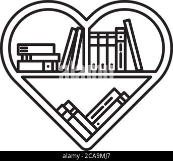 Bibliothèque en forme de coeur avec divers livres icône de ligne vectorielle. Symbole du contour de l'appréciation de la littérature. Illustration de Vecteur