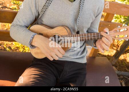 Jeune homme jouant ukulele. Banque D'Images