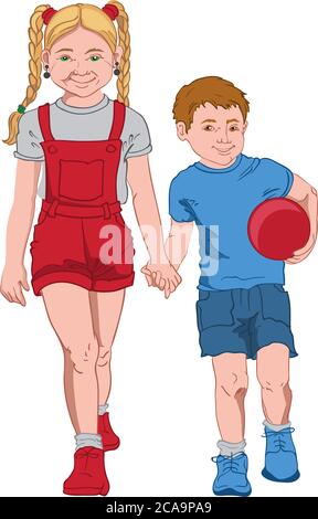 Fille blonde souriante en t-shirt gris, combinaison rouge et baskets tenant la main avec un garçon joyeux en t-shirt bleu, short et baskets tenant une balle. SIS Illustration de Vecteur