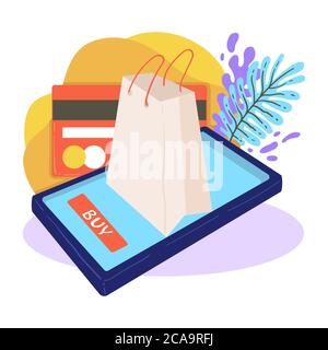Achats en ligne via smartphone, à l'aide d'un vecteur de carte de crédit Illustration de Vecteur