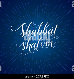 Shabbat Shalom lettering, carte de vœux, illustration vectorielle. Fond bleu foncé avec rayons de lumière et mots hébraïques Shabbat Shalom. Religiou juif Illustration de Vecteur