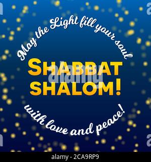 Shabbat Shalom lettering, carte de vœux, illustration vectorielle. Mots hébraïques Shhabbat shalom et bleu étoile nuit ciel bokeh fond. Religieux juif Illustration de Vecteur
