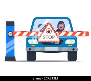 une barrière bloque le chemin vers la voiture. conducteur contrarié. panneau stop. illustration vectorielle plate. Illustration de Vecteur