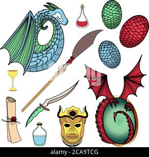 Ensemble vectoriel d'icônes magiques. Dragon, œufs de dragon, potion magique, masque de harpie. Poignard obsidienne et de la cagoule. Illustration isolée sur fond blanc Illustration de Vecteur