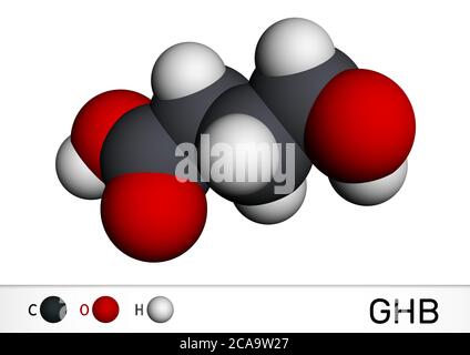 Acide gamma-hydroxybutyrique, GHB, molécule C4H8O3. Il est neurotransmetteur, ecstasy liquide, drogue psychoactive. Il est utilisé sous forme de sel oxybate de sodium. Banque D'Images