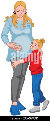 Femme blonde enceinte avec sa petite fille enfant qui s'embrasse. Bonne famille. Des vêtements éclatants. Vecteur Illustration de Vecteur