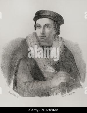 Juan Luis vives (1492-1540). Humaniste et philosophe espagnol. Portrait. Illustration de Llanta, détail. Lithographie. Cronica général de España. Historia Ilustrada y Descriptiva de sus Provincias. Valence, 1867. Banque D'Images