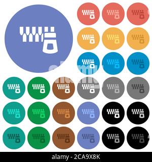 Fermeture éclair horizontale multi-couleurs icônes plates sur fond rond. Inclut des variantes d'icônes blanches, claires et sombres pour les effets de survol et d'état actif, a Illustration de Vecteur