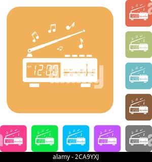 Radio-réveil vintage avec icônes plates sur fond carré arrondi aux couleurs vives. Illustration de Vecteur