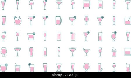 Cocktails verres lignes et style de remplissage style 50 Icon Set design, alcool bar boisson et thème de boissons illustration vectorielle Illustration de Vecteur