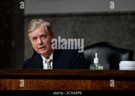 UPI, États-Unis. 05 août 2020. Lindsey Graham (R-SC), président de la Commission judiciaire du Sénat, prend la parole lors d'une audience de la Commission judiciaire du Sénat sur « la surveillance de l'enquête sur les ouragans interfeux » à Capitol Hill, à Washington, DC, le 5 août 2020. Photo par Erin Schaff/UPI crédit: UPI/Alay Live News Banque D'Images