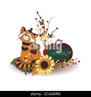 Composition d'automne. Décoration automnale. Panda rouge mignon. Citrouille. Récolte. Jour de Thanksgiving. Illustration isolée sur fond blanc Illustration de Vecteur