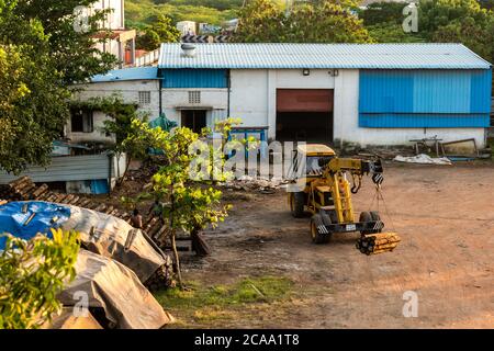 Chennai, Tamil Nadu, Inde - janvier 2020 : une grue jaune JCB soulevant des grumes de bois dans une scierie. Banque D'Images