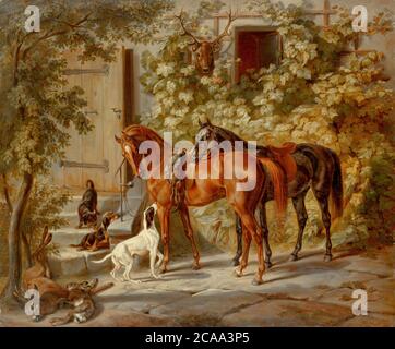 Adam Albrecht - chevaux au porche - École allemande - 19ème et début du 20ème siècle Banque D'Images