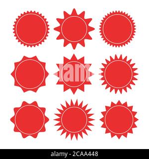 Ensemble d'autocollants Starburst - collection d'offres spéciales solde étiquettes rondes en forme de rayons de soleil rouges Illustration de Vecteur